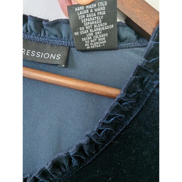 Impressions Y2K Whimsigoth Velvet Blue Jewel Tone Ruffle Trim V Neck Top Size S‎ - Picture 6 of 8